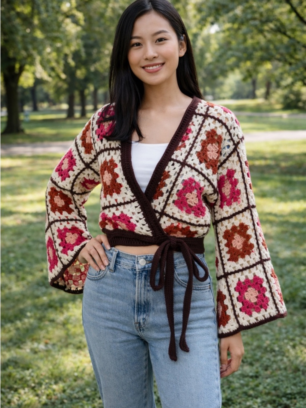 miami Crochet Wrap Cardigan in Pink, Brown, Cream